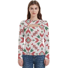 Christmas Texture, New Year, Red-green Christmas Ornament Texture Women s Cut Out Long Sleeve T-shirt