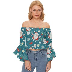 Christmas, Decorative, Desenho, Pattern Off Shoulder Flutter Bell Sleeve Top