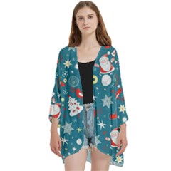 Christmas, Decorative, Desenho, Pattern Open Front 3/4 Sleeve Batwing Chiffon Cardigan Kimono