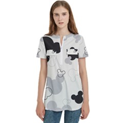 Mickey Mouse, Black, Classic, Cute, Disne Women s Zip Front V-Neck Short Sleeve Casual Top Pocket Shirt