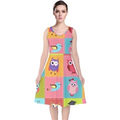 Owls Pattern, Abstract, Art, Desenho V-neck Midi Sleeveless Dress  by kyorashop23