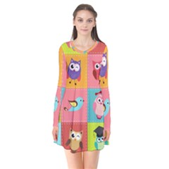 Owls Pattern, Abstract, Art, Desenho Long Sleeve V-neck Flare Dress by kyorashop23