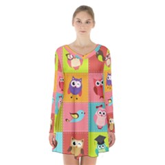 Owls Pattern, Abstract, Art, Desenho Long Sleeve Velvet V-neck Dress