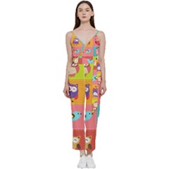 Owls Pattern, Abstract, Art, Desenho V-neck Camisole Jumpsuit