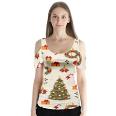 Christmas Pattern, Pattern, Christmas, Trees Butterfly Sleeve Cutout T-Shirt 