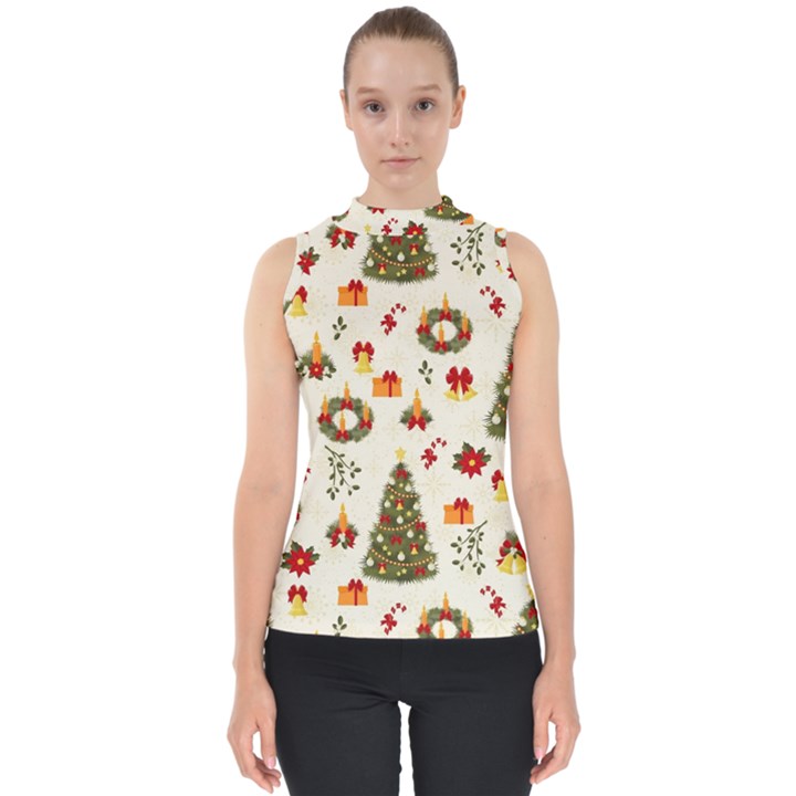 Christmas Pattern, Pattern, Christmas, Trees Mock Neck Shell Top