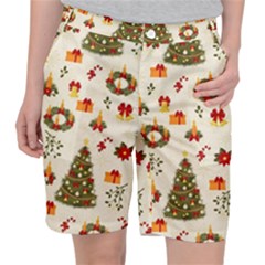 Christmas Pattern, Pattern, Christmas, Trees Women s Pocket Shorts