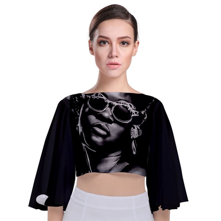 Afro Beauty Woman Portrait (AI+Human) Tie Back Butterfly Sleeve Chiffon Top