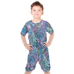 Saturday Straight Blue  Kids  T-shirt And Shorts Set by kaleidomarblingart