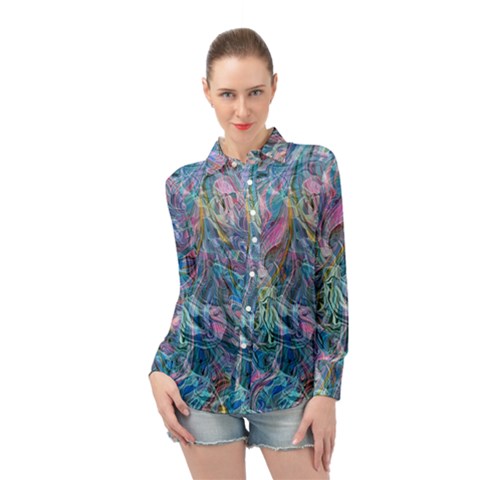 Saturday Straight Blue  Long Sleeve Chiffon Shirt by kaleidomarblingart