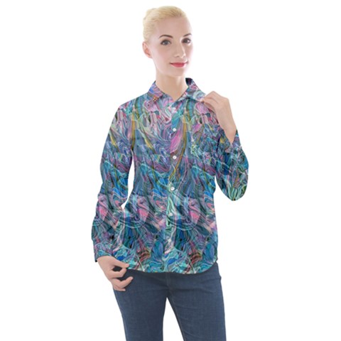 Saturday Straight Blue  Women s Long Sleeve Pocket Shirt by kaleidomarblingart