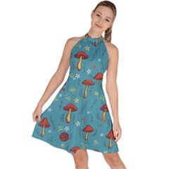 Whimsical Mushroom Pattern Sleeveless Halter Neck A-line Dress by Drawde