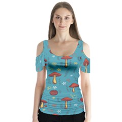 Whimsical Mushroom Pattern Butterfly Sleeve Cutout T-shirt 