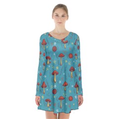 Whimsical Mushroom Pattern Long Sleeve Velvet V-neck Dress