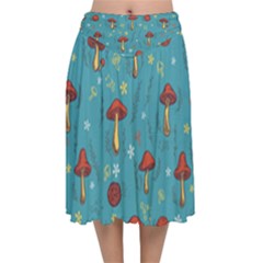 Whimsical Mushroom Pattern Velvet Flared Midi Skirt