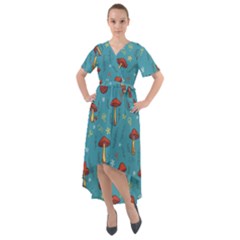 Whimsical Mushroom Pattern Front Wrap High Low Dress