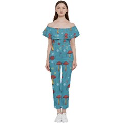 Whimsical Mushroom Pattern Bardot Ruffle Jumpsuit by Drawde