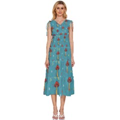 Whimsical Mushroom Pattern V-neck Drawstring Shoulder Sleeveless Maxi Dress