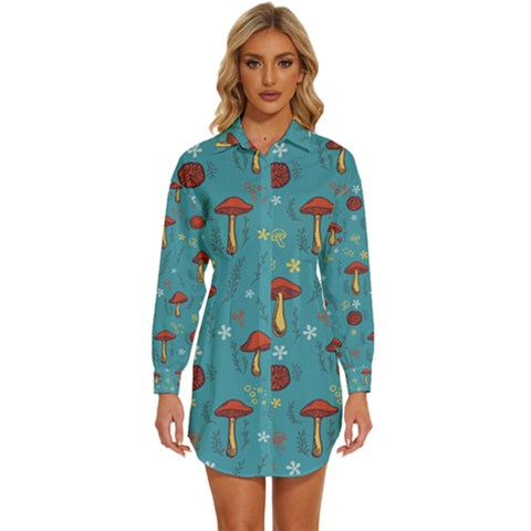 Whimsical Mushroom Pattern Womens Long Sleeve Shirt Dress by Drawde