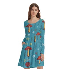 Whimsical Mushroom Pattern Long Sleeve Knee Length Skater Dress With Pockets by Drawde