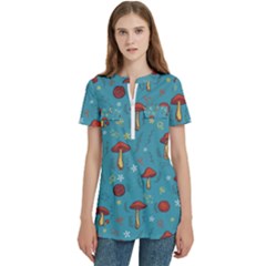 Whimsical Mushroom Pattern Women s Zip Front V-neck Short Sleeve Casual Top Pocket Shirt