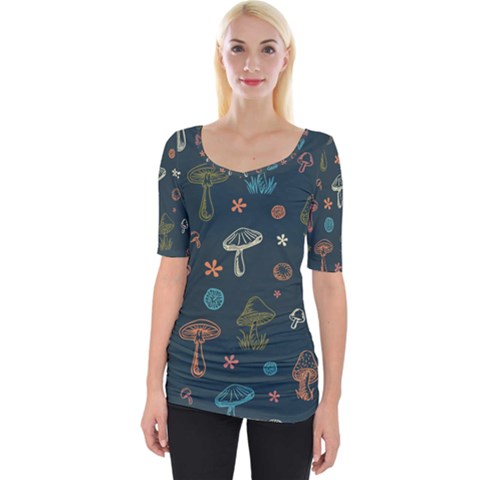 Whimsical Mushrooms Pattern Wide Neckline T-shirt by Drawde