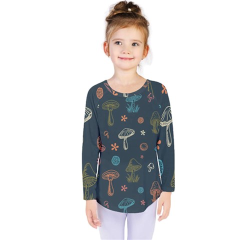 Whimsical Mushrooms Pattern Kids  Long Sleeve T-shirt by Drawde