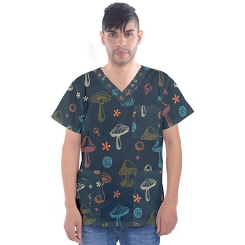 Whimsical Mushrooms Pattern Men s V-neck Scrub Top by Drawde