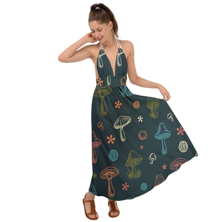 Whimsical Mushrooms pattern Backless Maxi Beach Dress