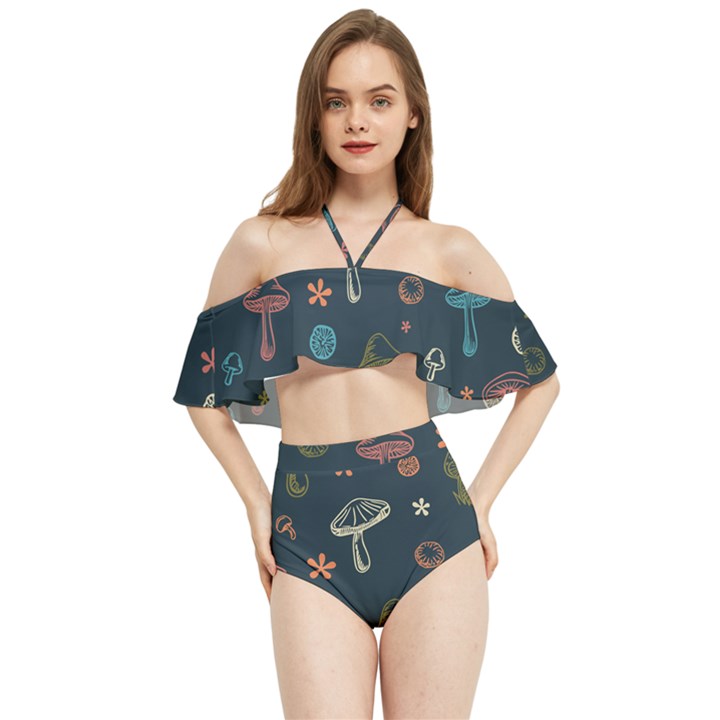 Whimsical Mushrooms pattern Halter Flowy Bikini Set 