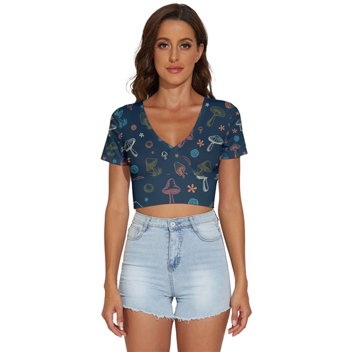 Whimsical Mushrooms pattern V-Neck Crop Top