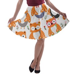 Cute Colorful Owl Cartoon Seamless Pattern A-line Skater Skirt by Apen