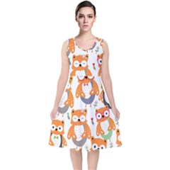 Cute Colorful Owl Cartoon Seamless Pattern V-neck Midi Sleeveless Dress  by Apen