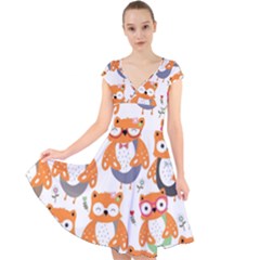 Cute Colorful Owl Cartoon Seamless Pattern Cap Sleeve Front Wrap Midi Dress by Apen