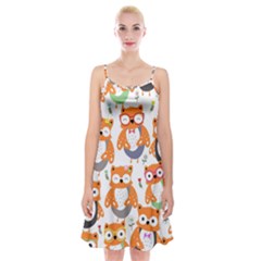 Cute Colorful Owl Cartoon Seamless Pattern Spaghetti Strap Velvet Dress