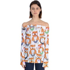 Cute Colorful Owl Cartoon Seamless Pattern Off Shoulder Long Sleeve Top by Apen