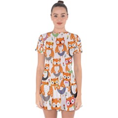 Cute Colorful Owl Cartoon Seamless Pattern Drop Hem Mini Chiffon Dress by Apen