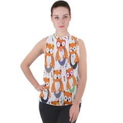 Cute Colorful Owl Cartoon Seamless Pattern Mock Neck Chiffon Sleeveless Top by Apen