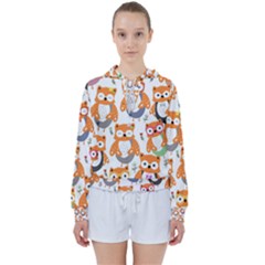 Cute Colorful Owl Cartoon Seamless Pattern Women s Tie Up Sweat