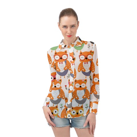 Cute Colorful Owl Cartoon Seamless Pattern Long Sleeve Chiffon Shirt by Apen