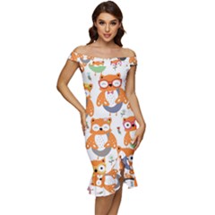 Cute Colorful Owl Cartoon Seamless Pattern Off Shoulder Ruffle Split Hem Bodycon Dress by Apen