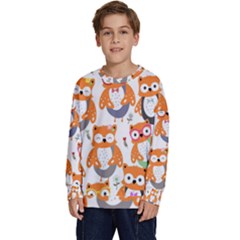 Cute Colorful Owl Cartoon Seamless Pattern Kids  Crewneck Sweatshirt