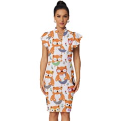 Cute Colorful Owl Cartoon Seamless Pattern Vintage Frill Sleeve V-neck Bodycon Dress by Apen