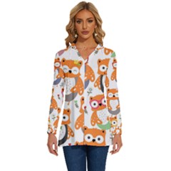 Cute Colorful Owl Cartoon Seamless Pattern Long Sleeve Drawstring Hooded Top