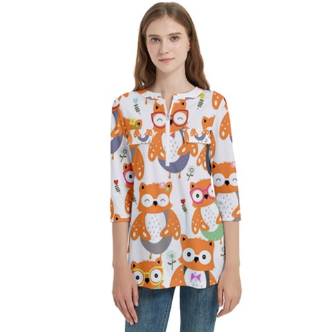 Cute Colorful Owl Cartoon Seamless Pattern Women s Zip Front V-neck 3/4 Sleeve Casual Top Pocket Shirt by Apen