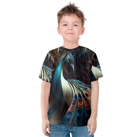 Colorful Peacock Bird Feathers Kids  Cotton T-shirt by Apen