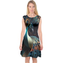 Colorful Peacock Bird Feathers Capsleeve Midi Dress by Apen