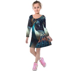 Colorful Peacock Bird Feathers Kids  Long Sleeve Velvet Dress