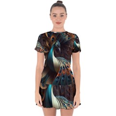 Colorful Peacock Bird Feathers Drop Hem Mini Chiffon Dress by Apen