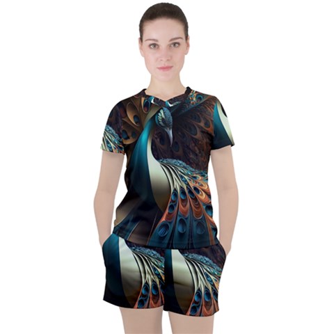 Colorful Peacock Bird Feathers Women s T-shirt And Shorts Set by Apen